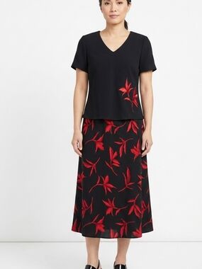 Studio I Petite 2-Piece Black & Red Floral Top & Skirt Set Size 10P
